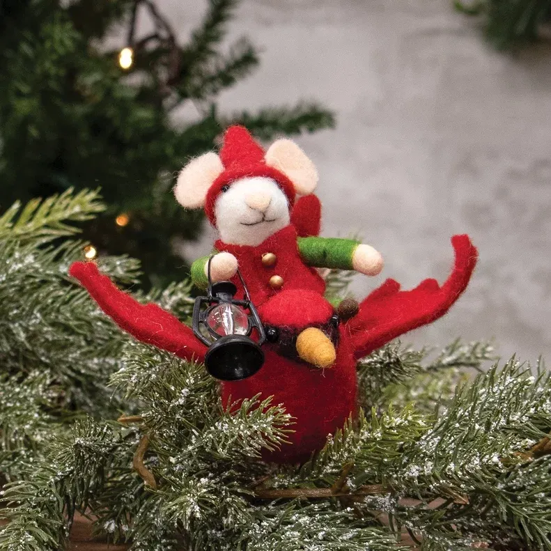 felt mouse with lantern on fkying cardinal holiday ornament — MUSEUM OUTLETS