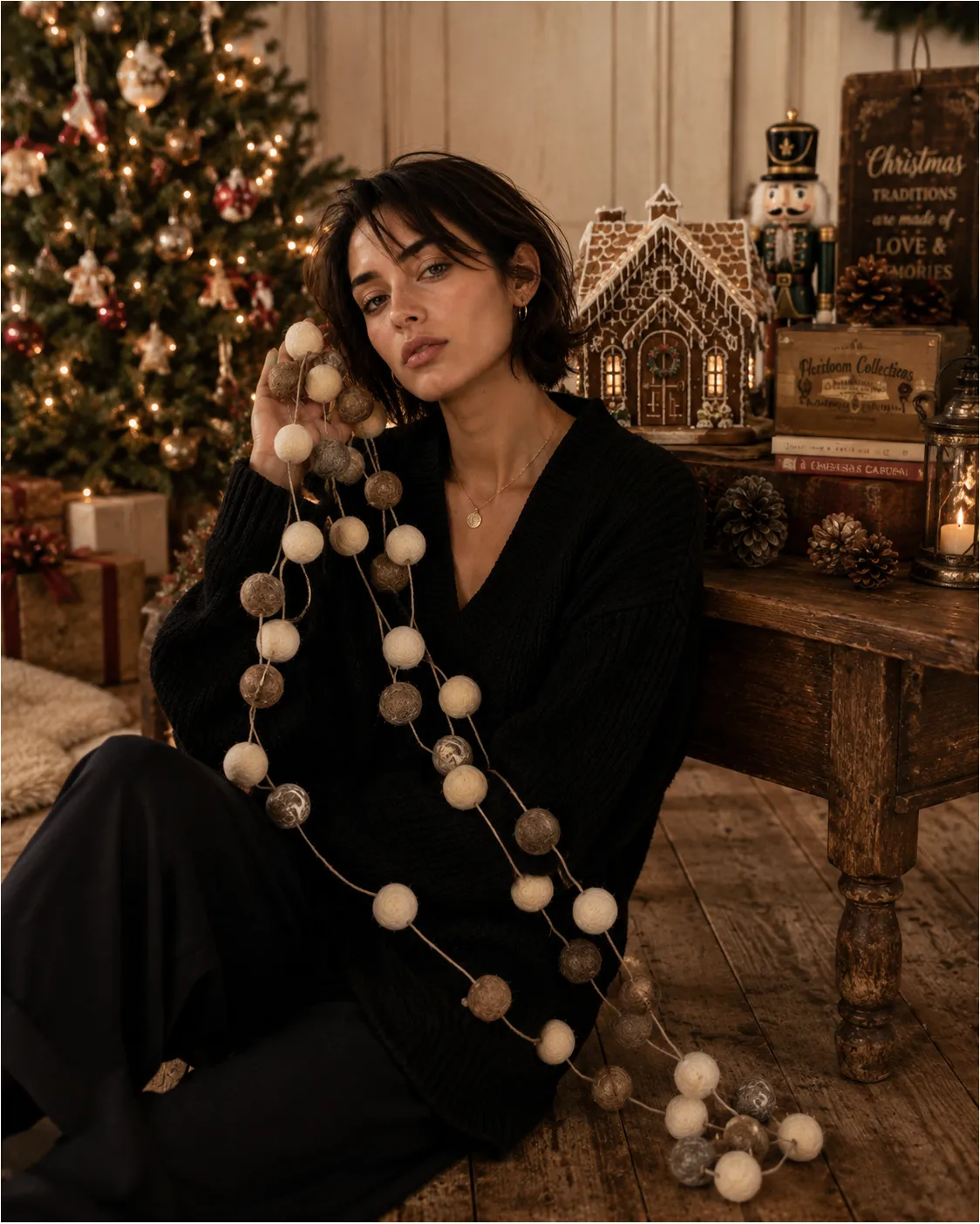 Felt Pom Pom Garland Large (Brown & Off White)