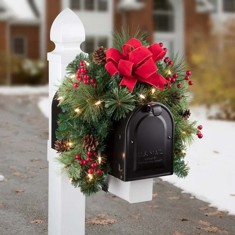 Festive PVC Pine Swag with LED Timer & Faux Berries by Haute Decor