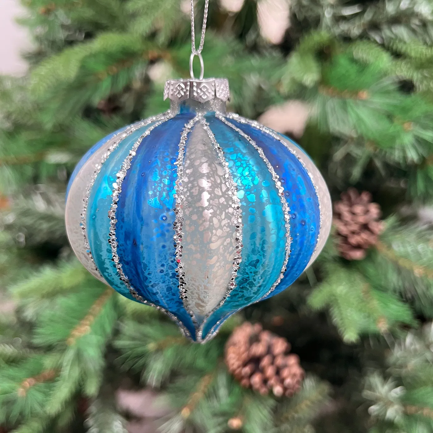 Festive Silver/Navy Glass Segment Bauble 10cm