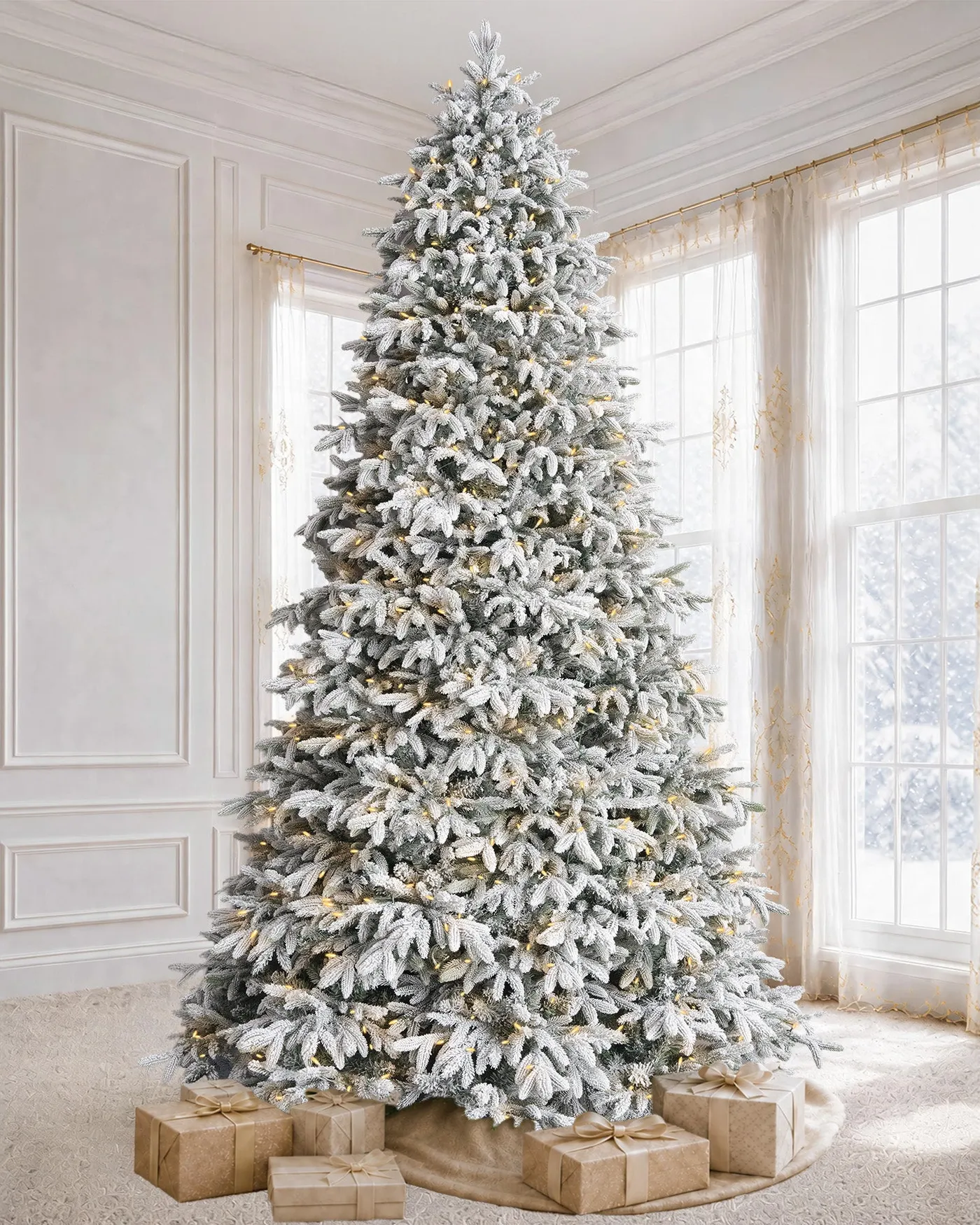 Flocked Christmas White Decorated Tree Christmas Trees How To Style A Cozy  And Elegant Blue And
