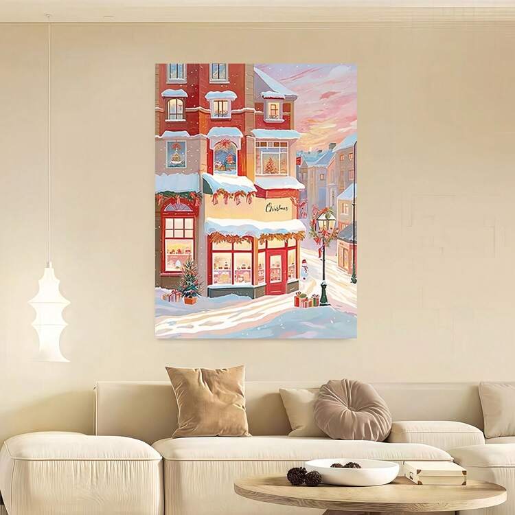 Framed 1pc Framed Canvas Art Print - Festive Snowy Storefront With Red Door  & 'Cafe' Sign, Winter