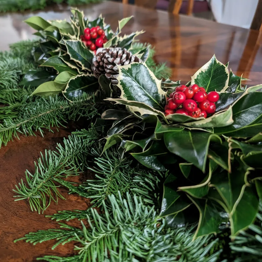 Fresh Holly and Cedar Centerpiece | Natural Holiday Table Decoration 18 inch