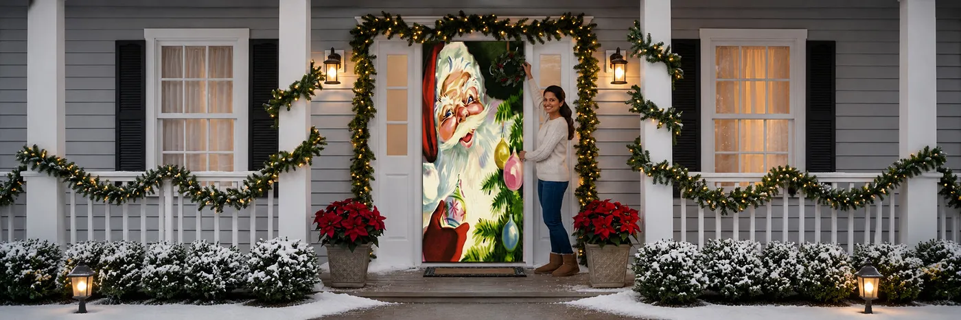 Front Door Cover Vintage Christmas Door Decorations Vintage Holiday Door Covers — DoorFoto