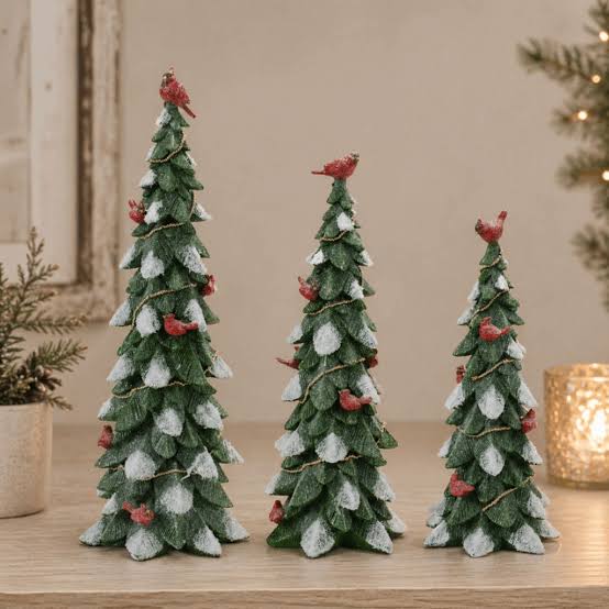 Frosted Cardinal Pine Tree (Set of 3)