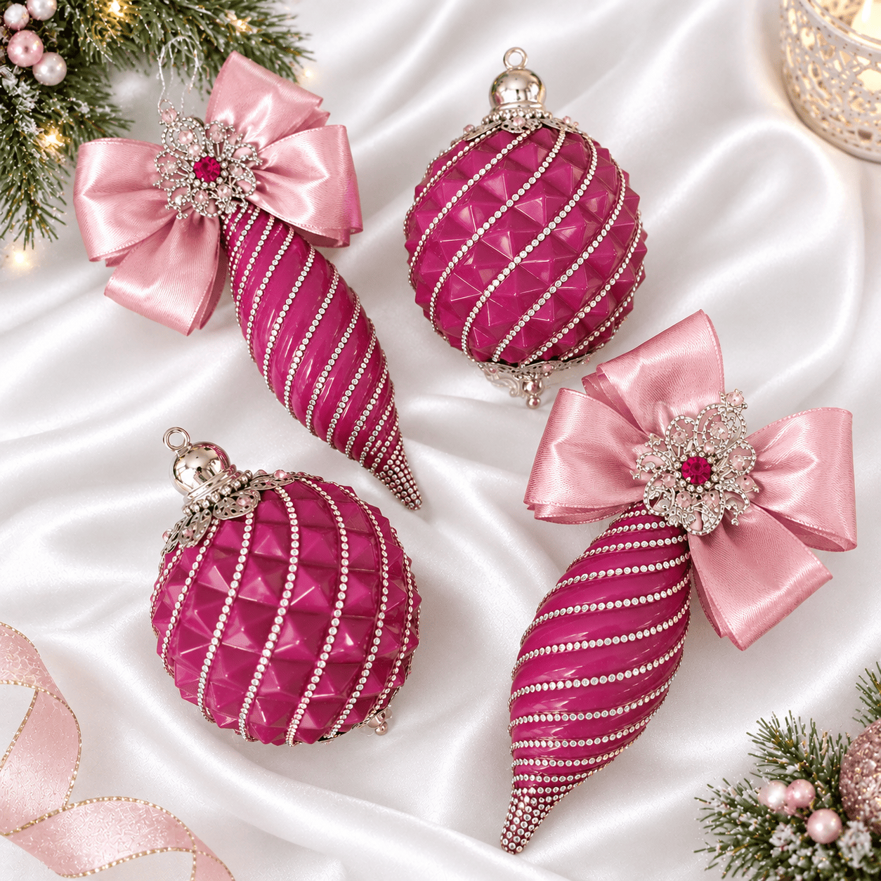 Fuchsia Pink Christmas Ornament Set