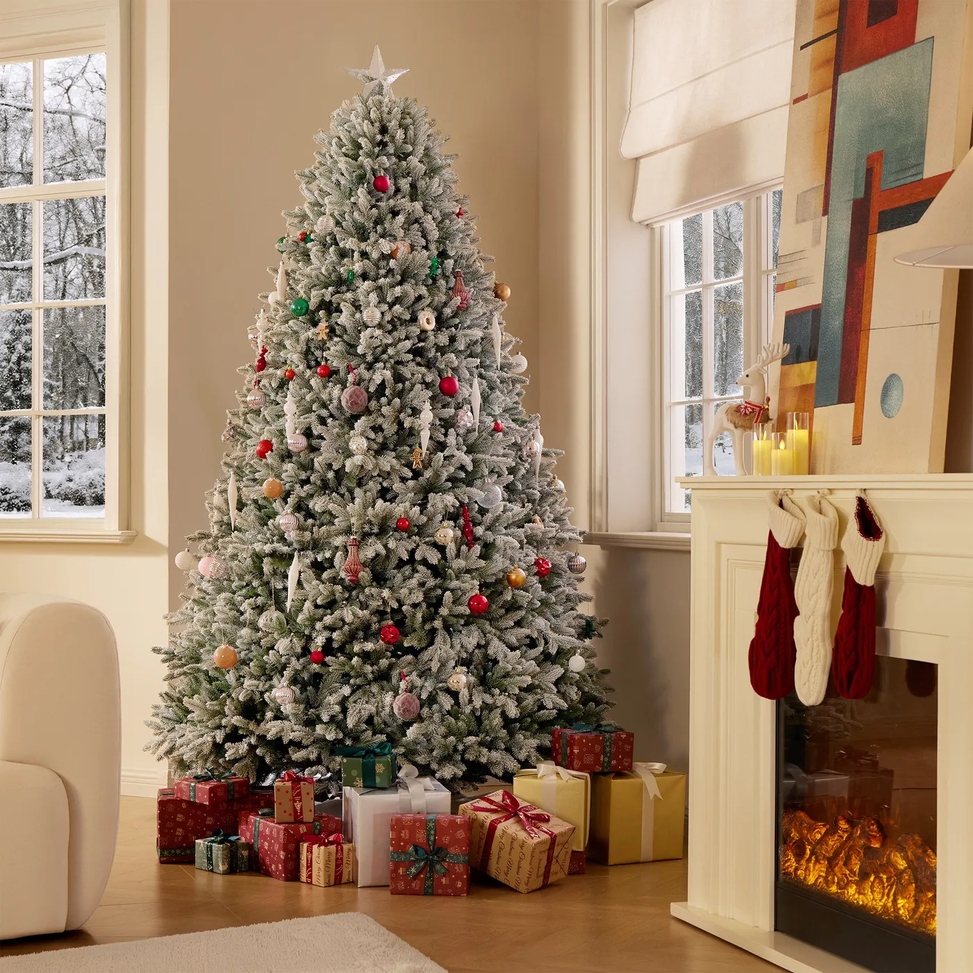 Full Flocked 7.5 ft Pre-Lit Artificial Christmas Tree with Wand & Remote Controller, 1,000 RGB Lights HERNEST
