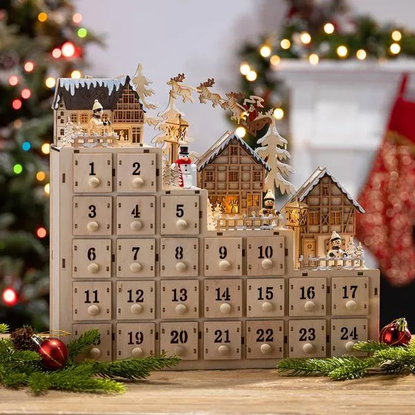 Gerson 14.9 in. Battery Operated Illuminated Wood Village Scene Advent Calendar - 2537640EC | Blain's Farm & Fleet