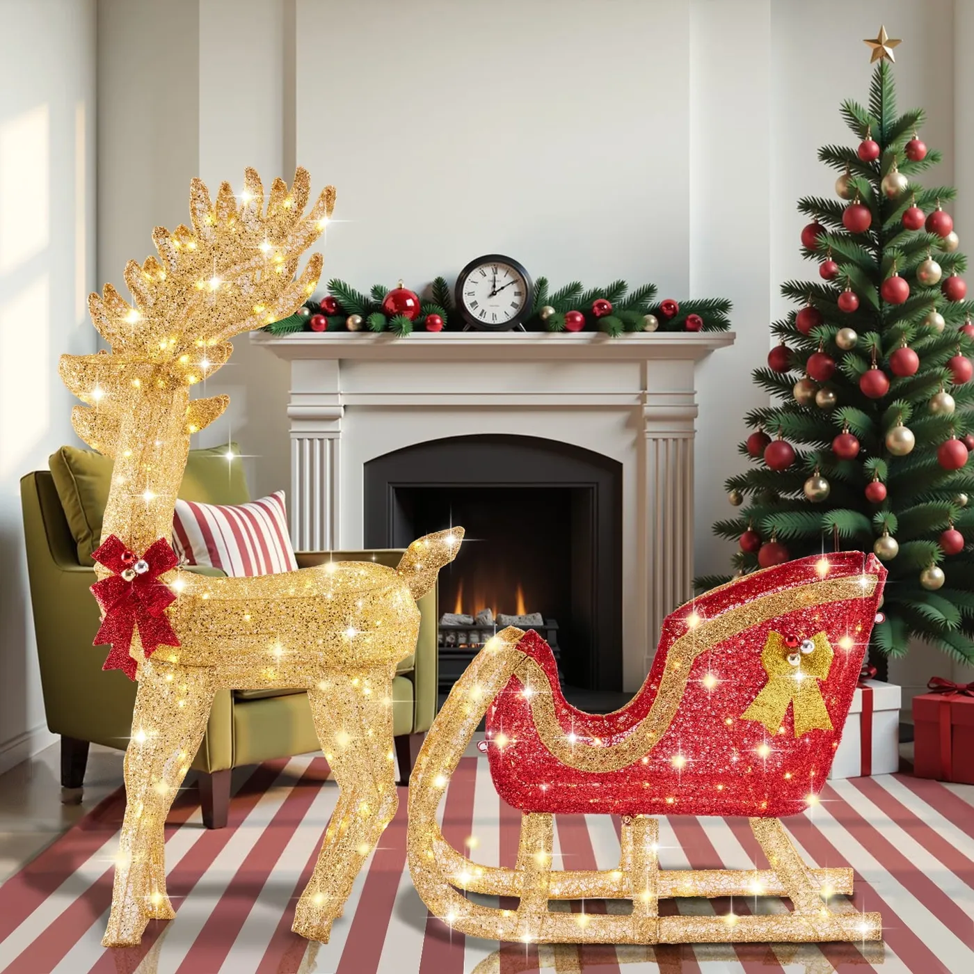Glowing Christmas Reindeer Pulled Sleigh Decor - 180 LED lights, Indoo