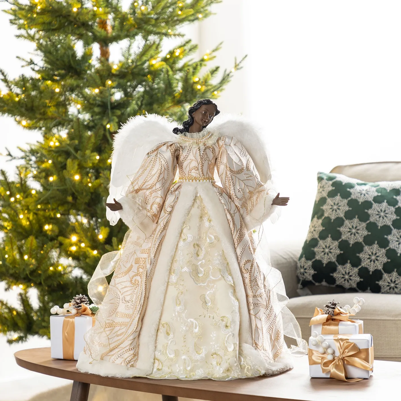 Gold Lighted Angel Tree Topper 11' LED Lighted Gold Shimmer Angel Christmas  Tree Topper Warm Clear