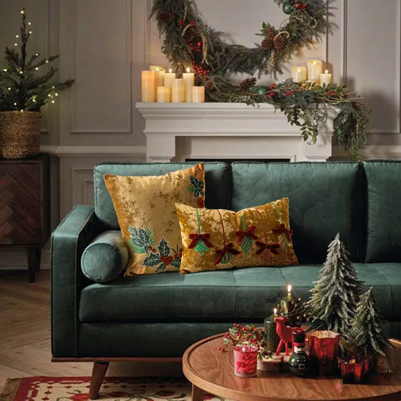 Gold Velvet Christmas Refined Holiday Ornaments Embroidered Filled Throw Pillow 12' X 20' Gold Geometric Rectangle 12'H x 20”W