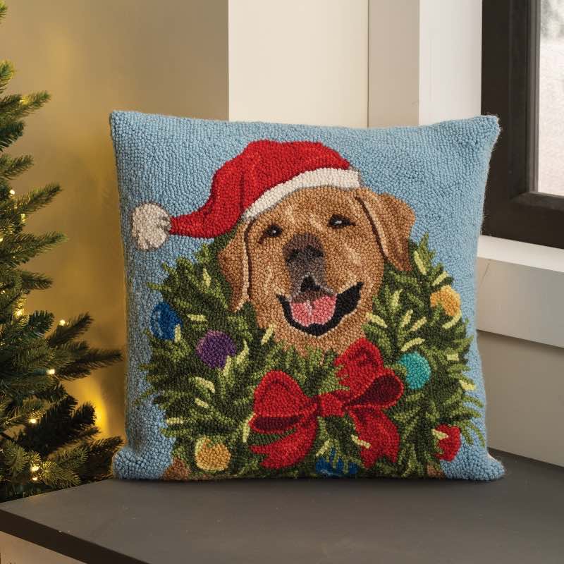 Golden Lab Santa Hooked Wool Pillow 18 sq.