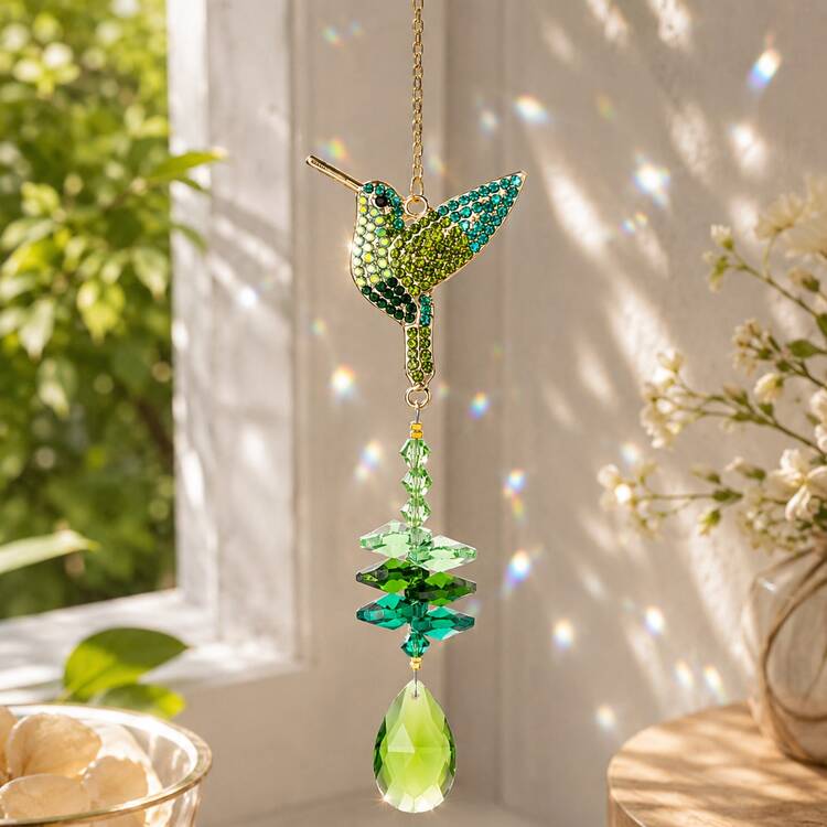 Green Hummingbird Crystal Suncatcher, Rainbow Crystal Window Hanging Decor,  Coconut Tree Design, Home, Garden, Patio, Balcony Indoor/Outdoor ...