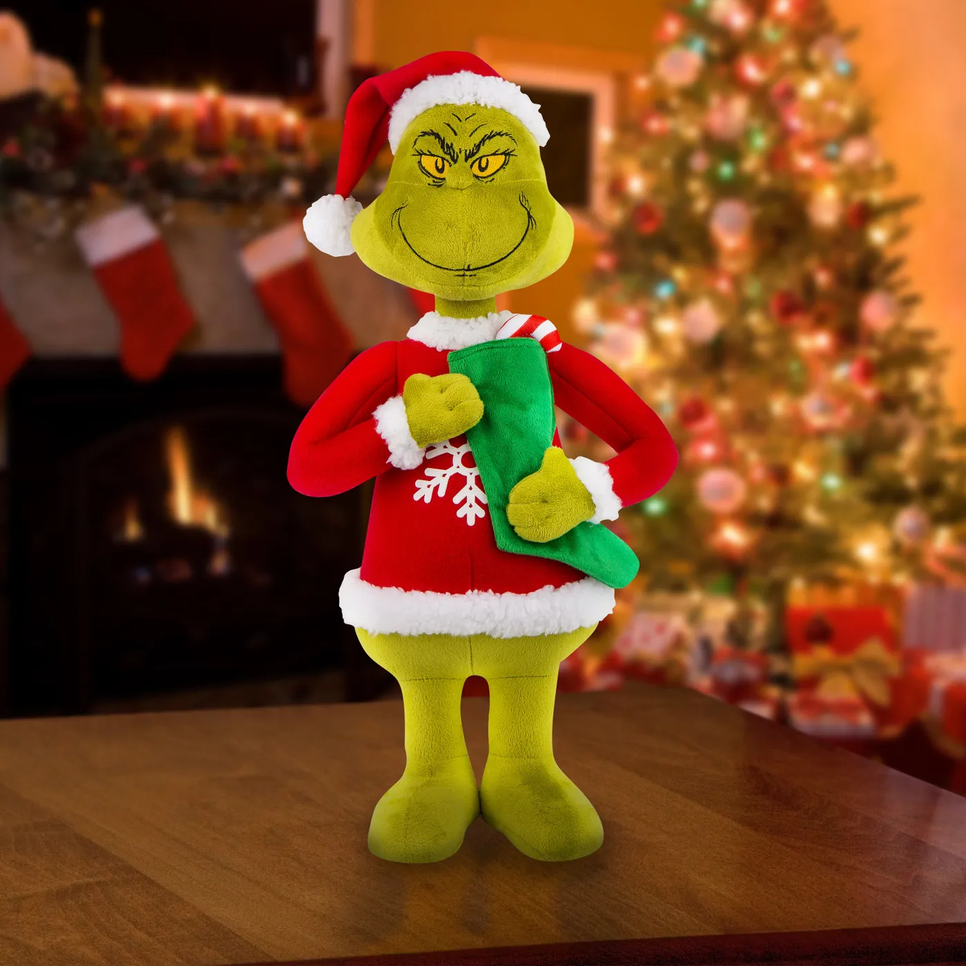 Grinch with Plush Snowflake Sweater and Green Stocking Christmas Porch Greeter – Seasons Inflatables