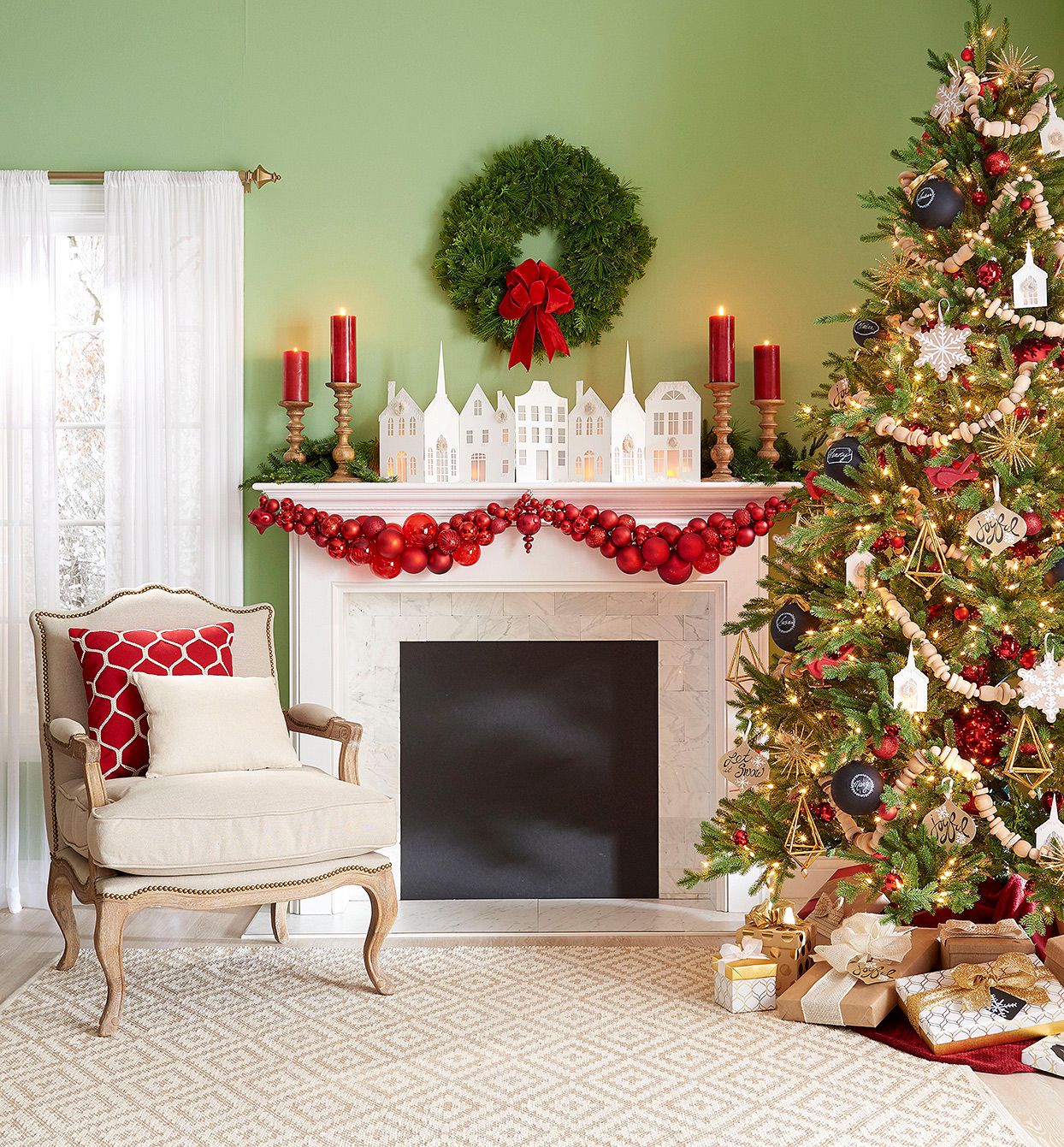 Hand Crafted Holiday Village Decor with Red and Green Accents