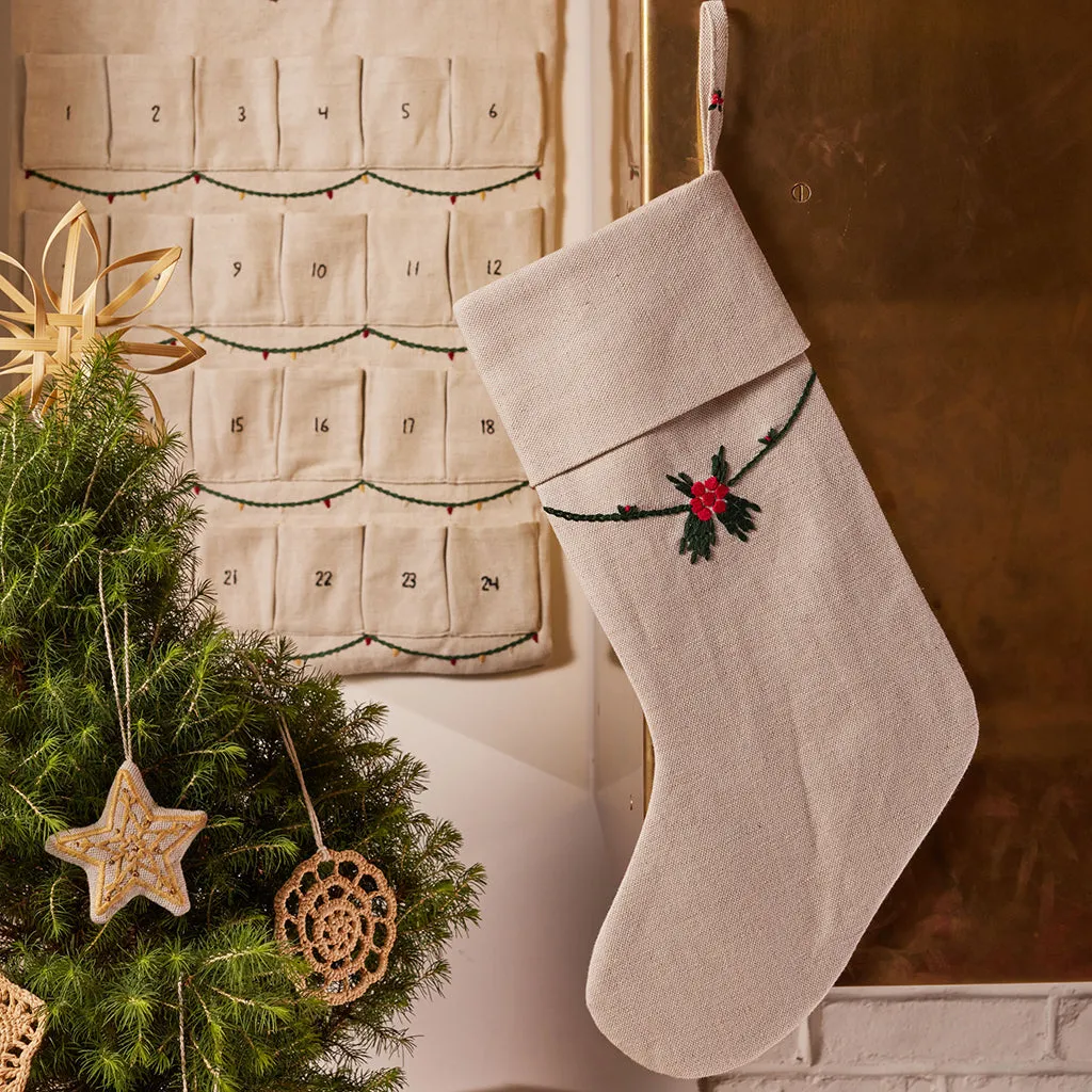 Hand Embroidered Neutral Linen Red Berries Stocking – Craftspring