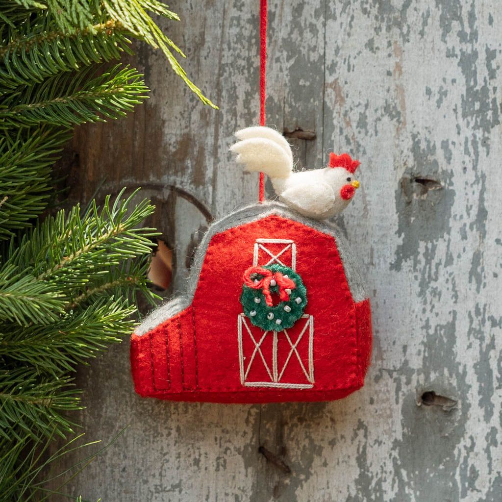 Hand-Felted Red Barn With Wreath and Rooster Ornament – Craftspring