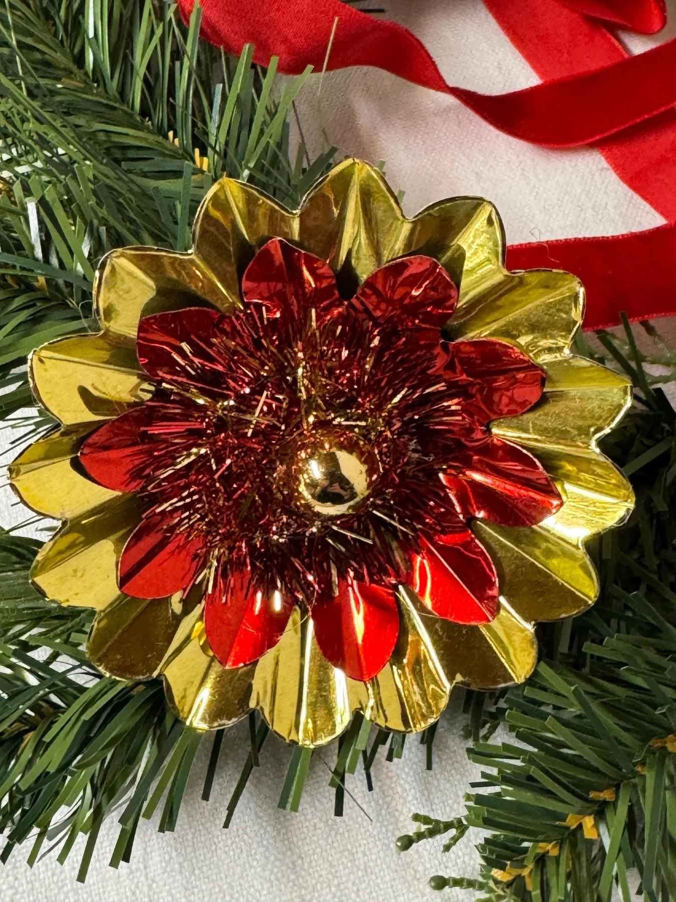 Handcrafted Vintage Gold & Red Christmas Reflector Clip: Mercury Glass  Ornament, Tinsel, 3 1/4