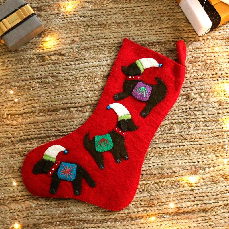 Handmade Applique Wool Felt Beaded Dog Christmas Stocking, 'Festive Dogs'