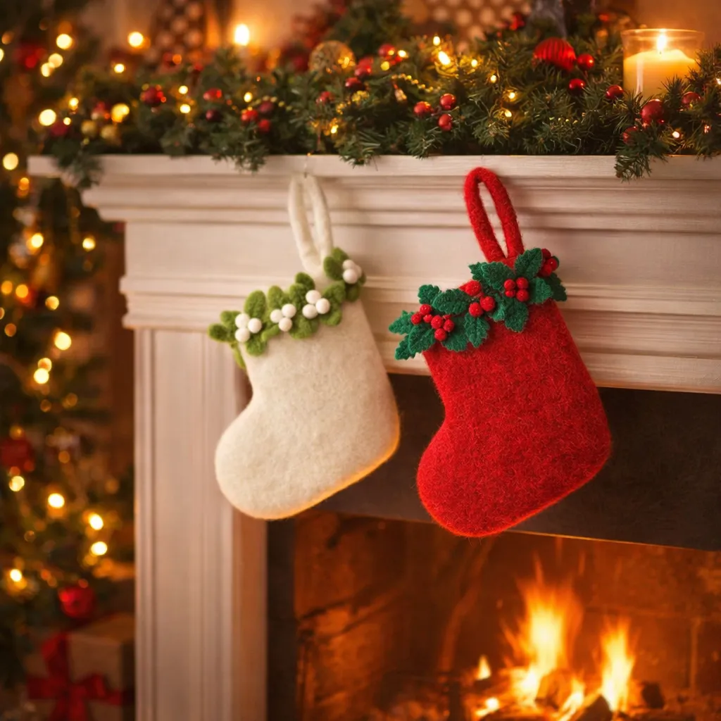 Handmade Felt Biodegradable Mini Christmas Stocking Hanging Decoration Holly