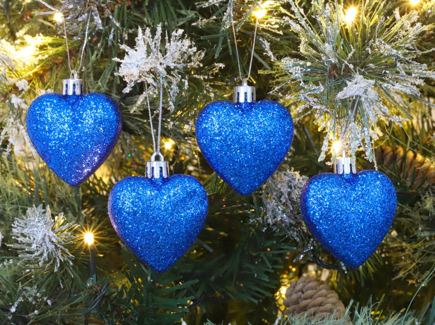 Heart Ball Blue Vintage Christmas Ornaments Pack Of 16 Glitter Heart Shaped Baubles Christmas Tree Decorations (Royal Blue)