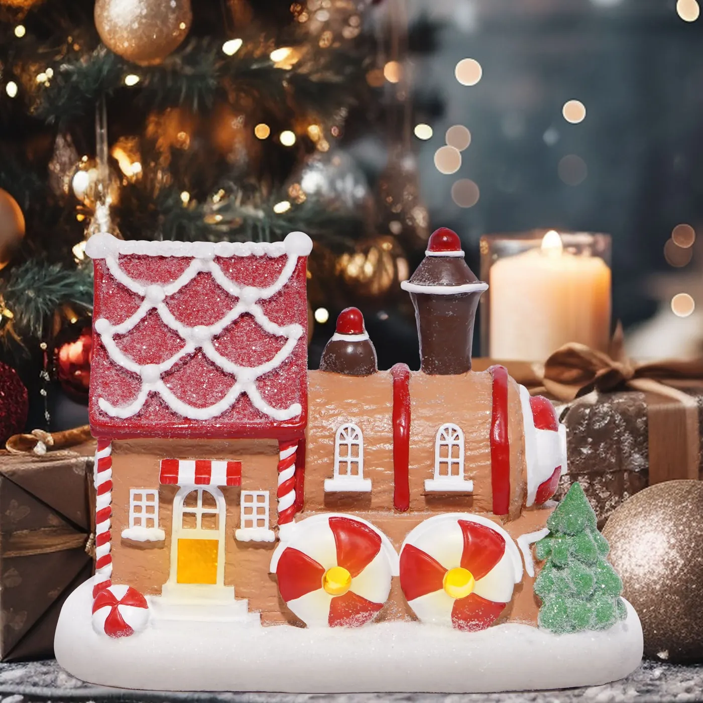Hodao Christmas Decorations Gingerbread House Train Decor Figurine Battery Operated (2 AAA)-5.7”L Resin Christmas Village Houses for Festive Holiday ...