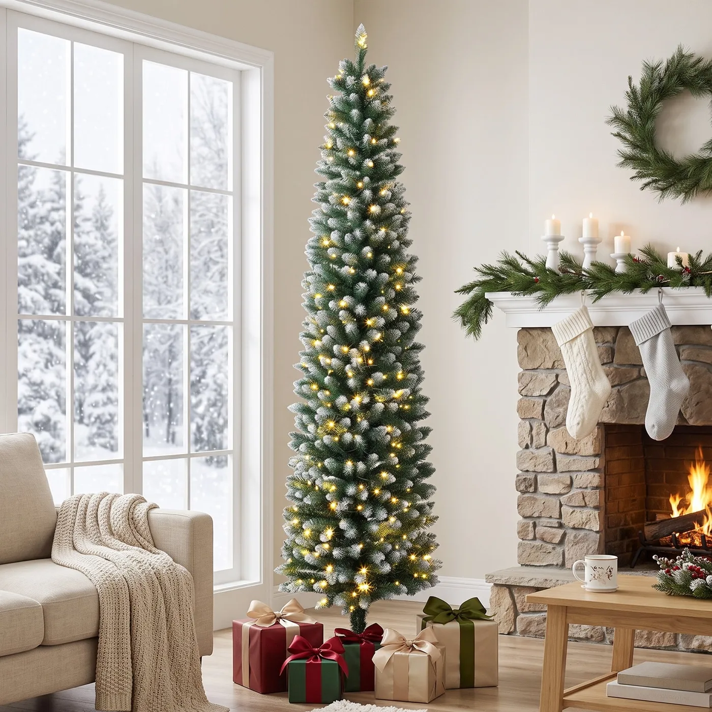 HOMCOM 7ft Prelit Pencil Christmas Tree with Dual-Color LEDs, Flocked