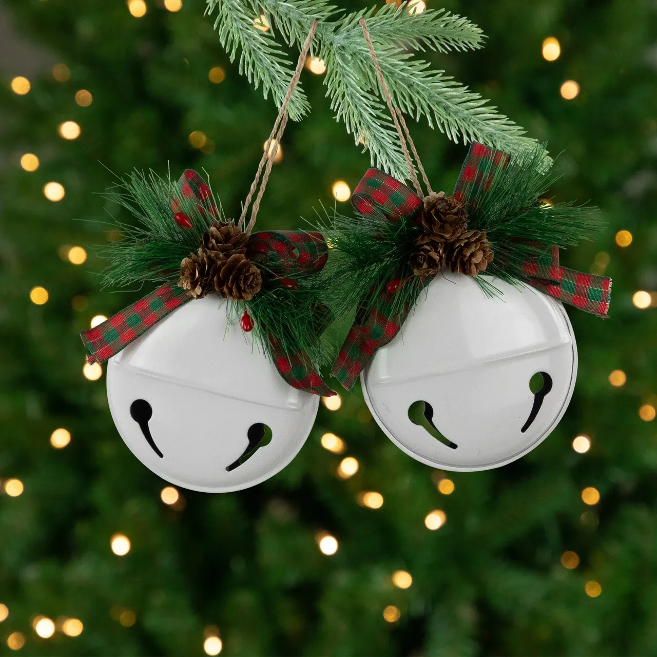 Jingle Bells with Bow and Pinecones Christmas Disc Ornaments - White - 5' - Set of 2