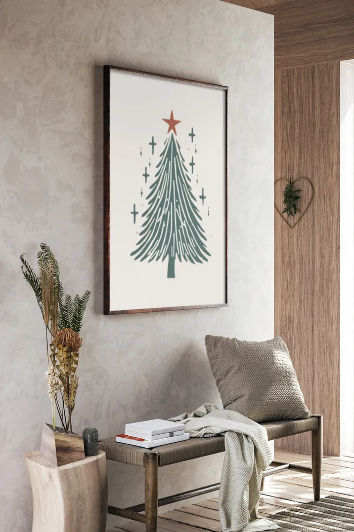 Klumo Stylized Christmas Tree Poster, Hand-Drawn Aesthetic, Winter Green with Red Star, Festive Living Room Decor, 5x7 in, no frame