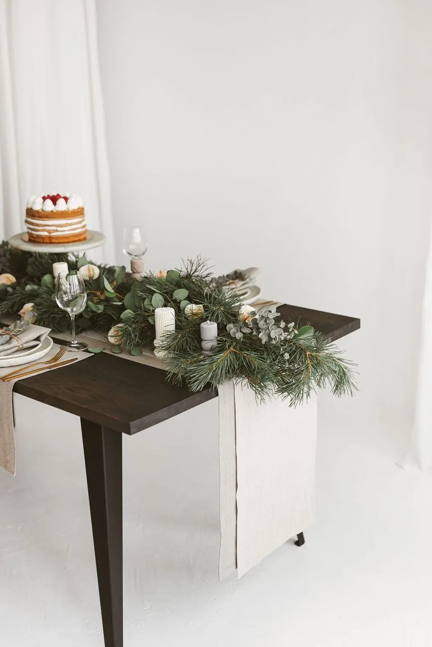 Light grey linen table runner for Christmas dining table
