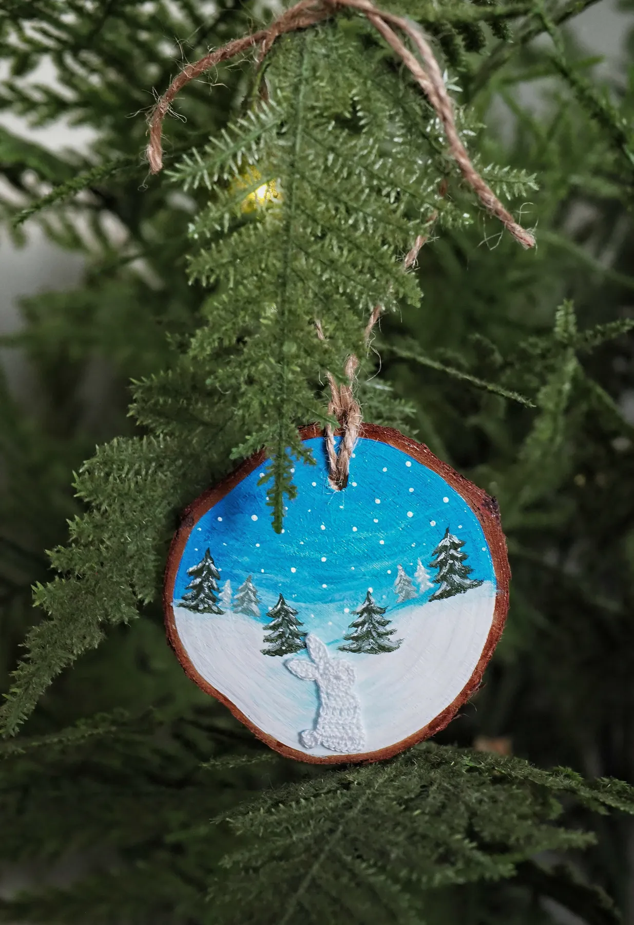 Little Winter Rabbit' Handpainted Natural Wood Slice Hanging Ornament |  lucyloops