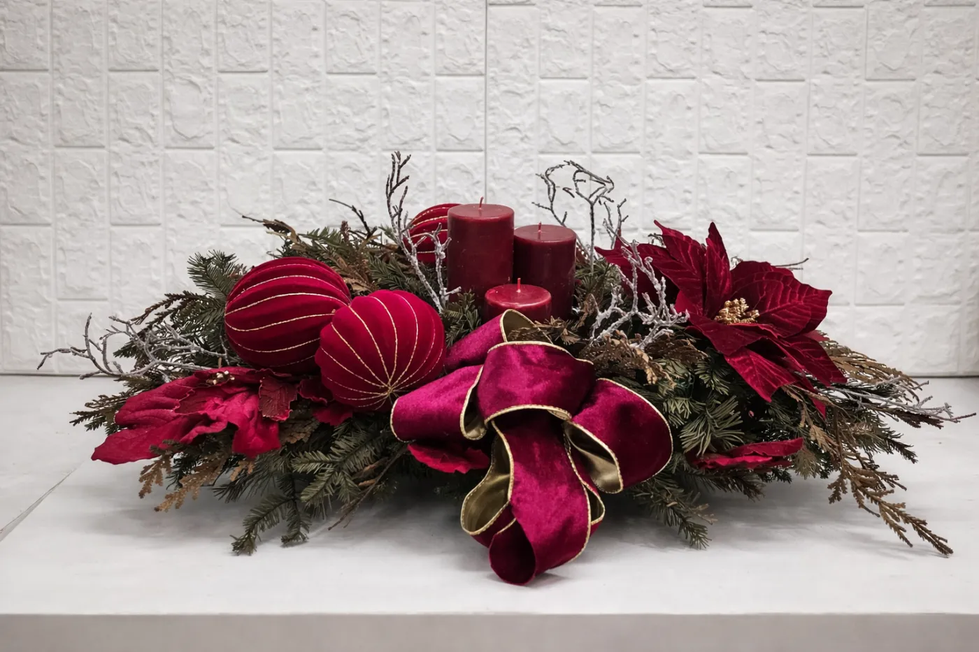 Luxurious Holiday Centerpiece with Red Velvet and Candles — Anthos Flower Shopp