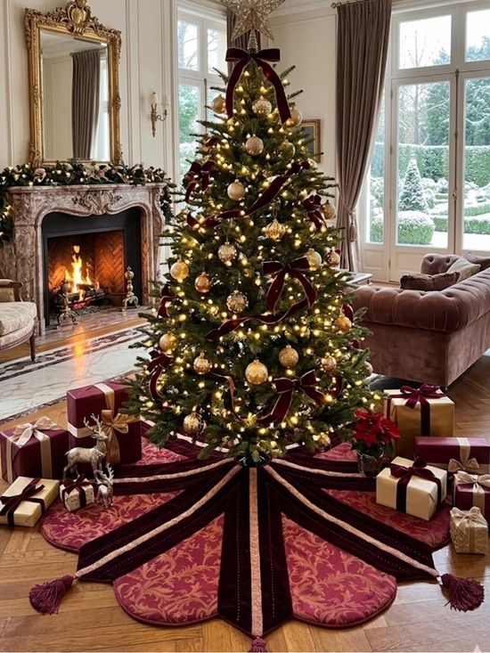 Luxury Velvet Ribbon & Gold Ornament Christmas Tree skirt