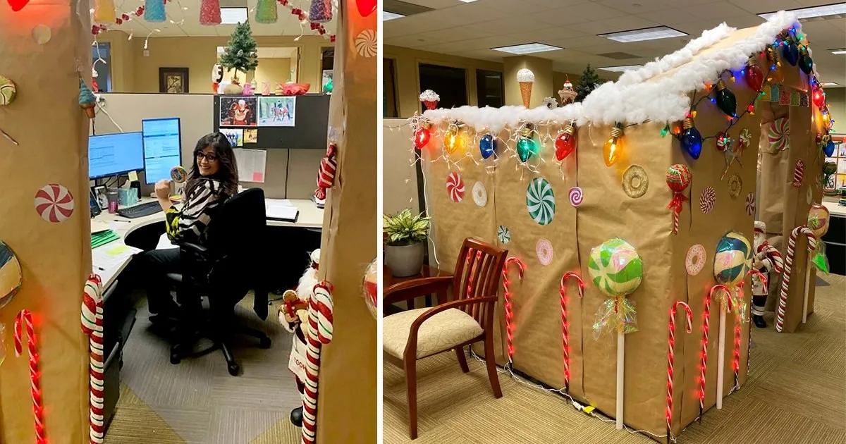 Manager turns her office cubicle into a giant gingerbread house | Metro News