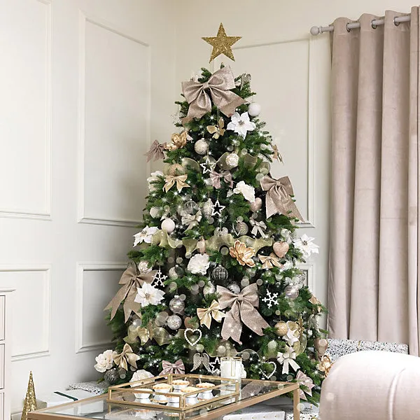 Melody Maison Set of 3 Champagne Gold Glitter Bow Christmas Decorations -  12cm
