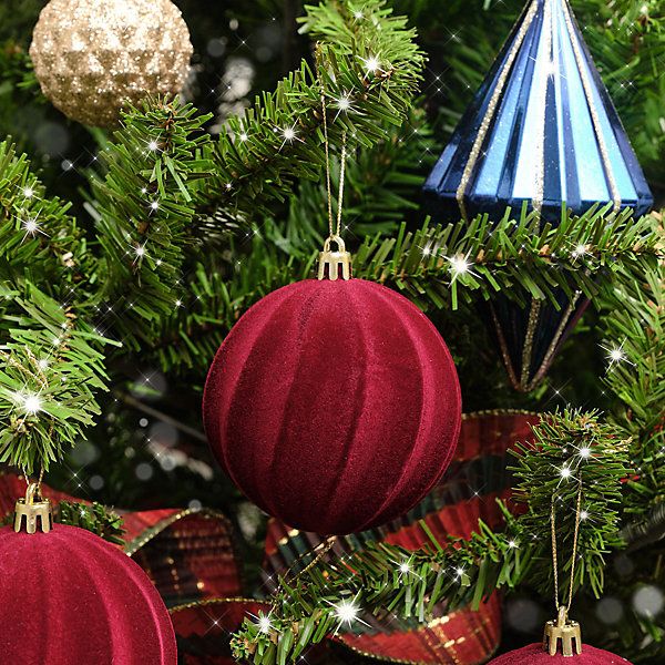 Melody Maison Set of 4 Round Flocked Dark Red Twist Baubles