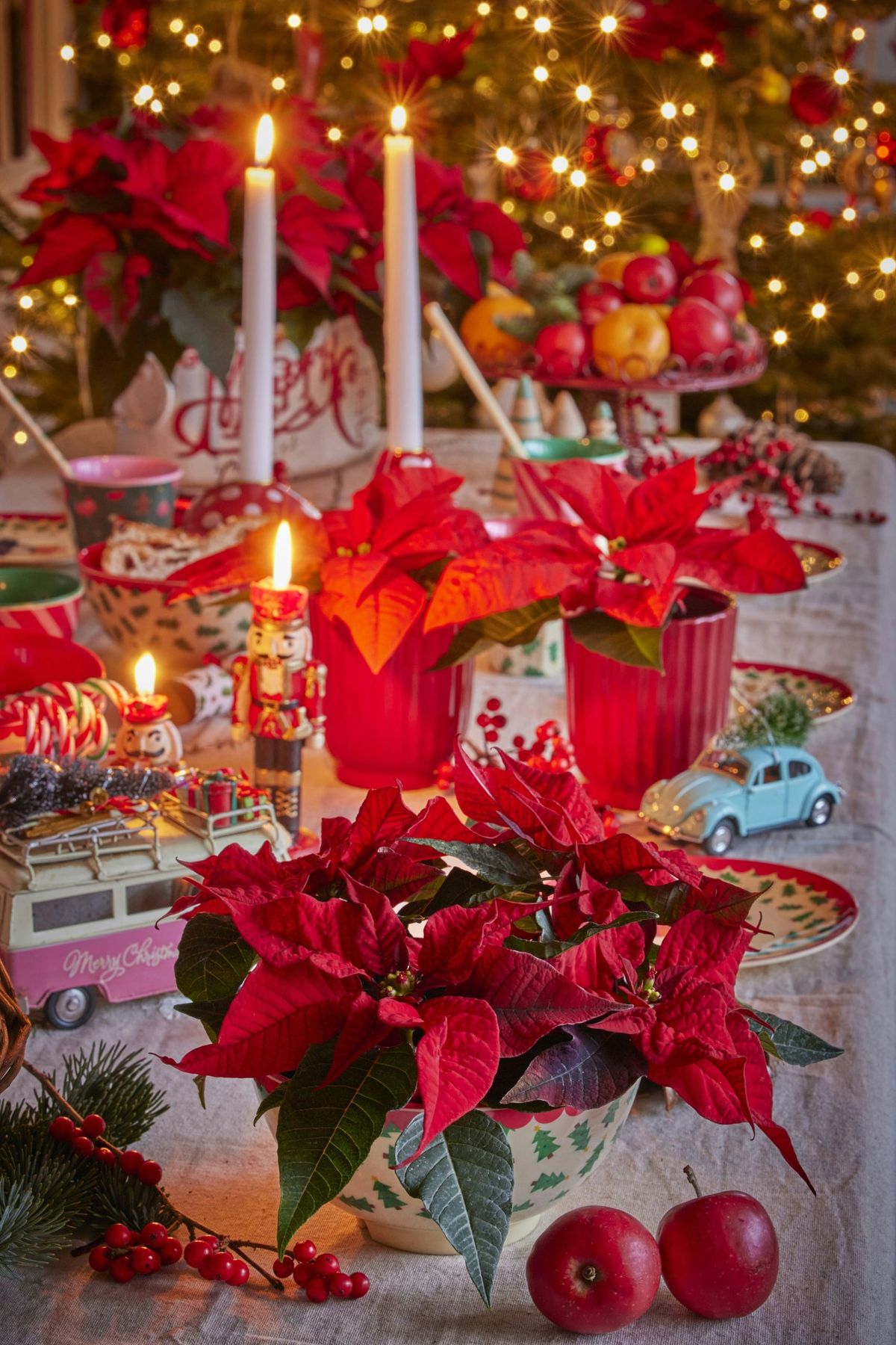 Mid Century Style Looking at this colourful Christmas display in a playful, vintage, Scandi style, you feel transported back to the 1950s. That was when the poinsettia plant first made its way into Eu
