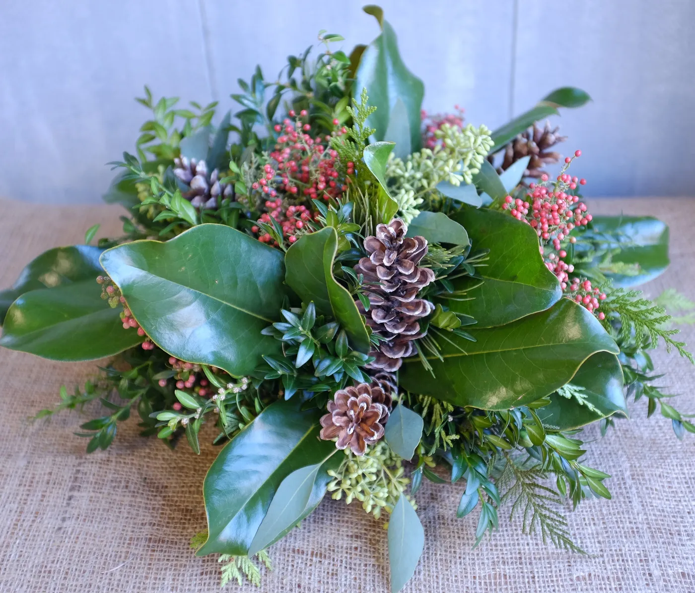 Montague l Evergreen Centerpiece by Michlers Florist l Lexington KY – Michler's Florist, Greenhouses & Garden Design