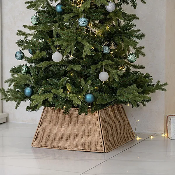 Natural Rattan Christmas Tree Skirt Large Square Wicker Base Cover Basket Rustic Xmas Collar for Modern