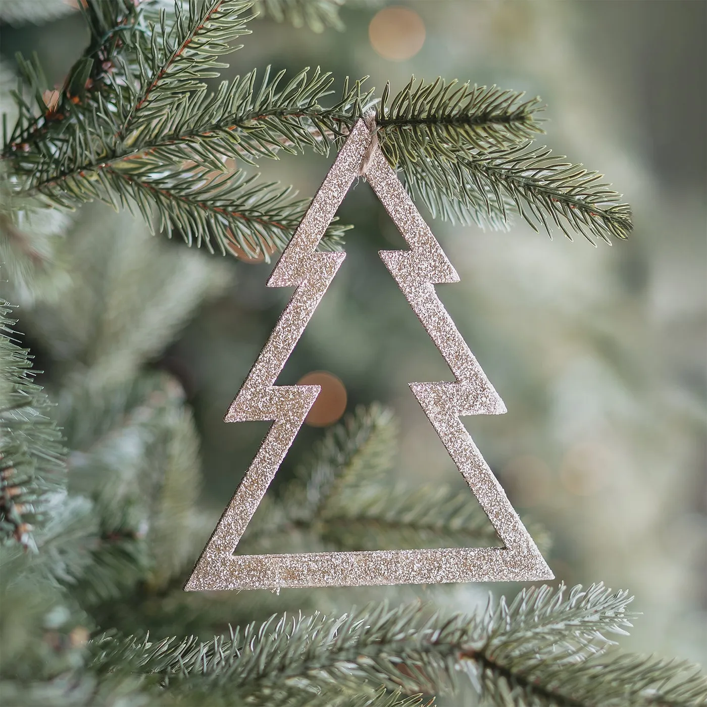 Natural wooden Christmas ornament 15 cm, champagne glitter
