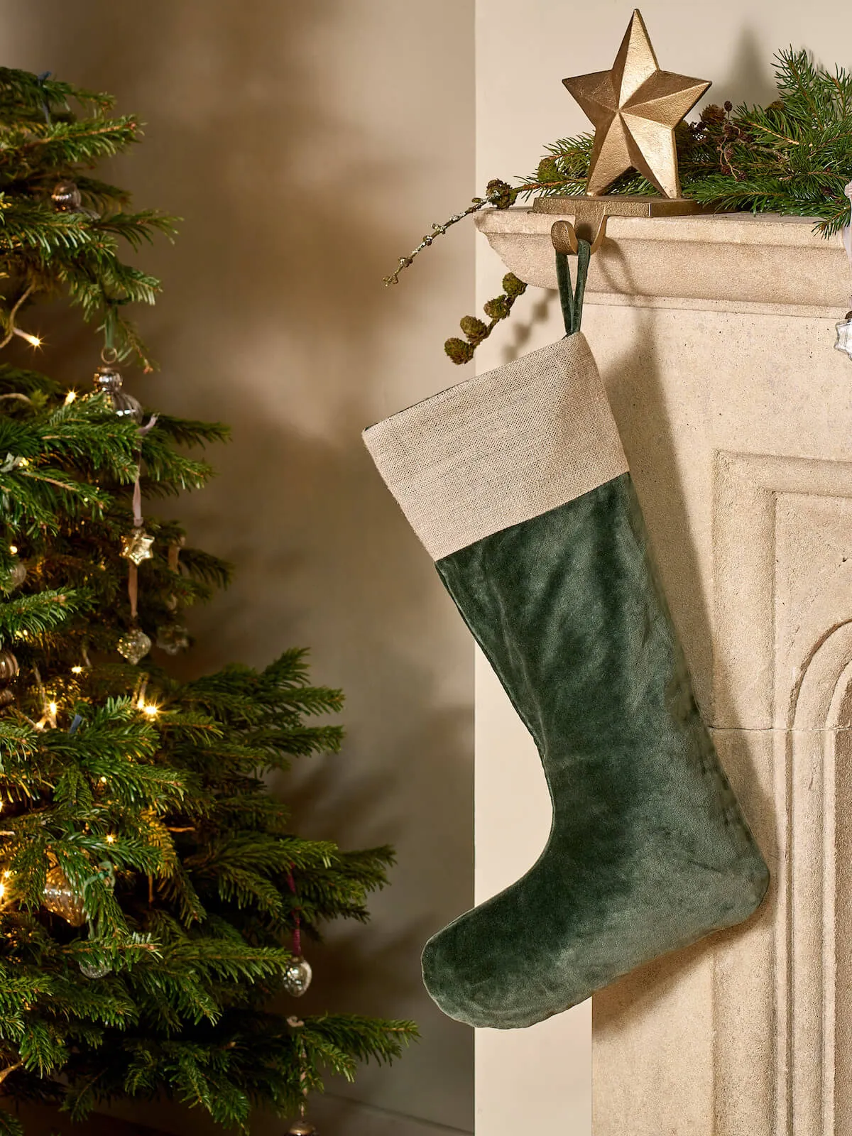 Nkuku Karru Cotton Velvet Stocking | Christmas Decorations | Forest Green