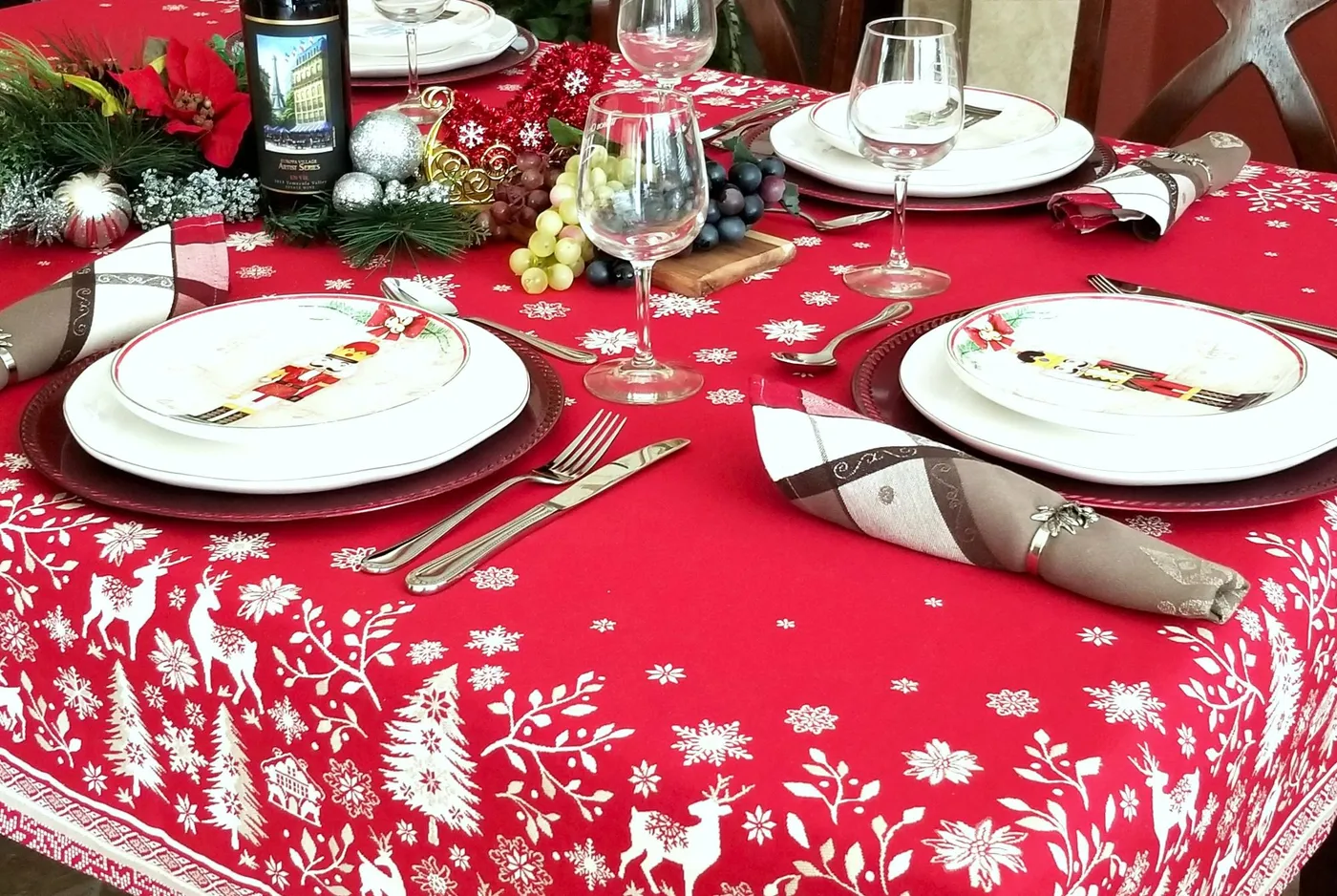 NOEL RED WHITE French Jacquard Woven Tapestry Christmas Reversible Tablecloths - Rectangle Table cloth - Square Table Topper Couch Throw - Mountain Resort Table Home Decor - Elegant French Christmas