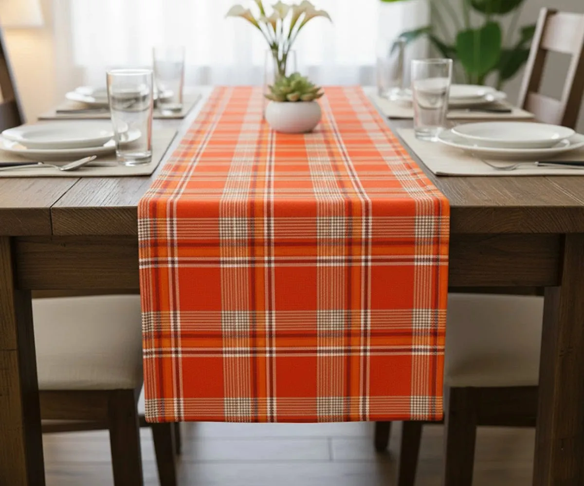 Orange-Red Plaid Table Runner | 100% Cotton Christmas Décor 14 x 90'