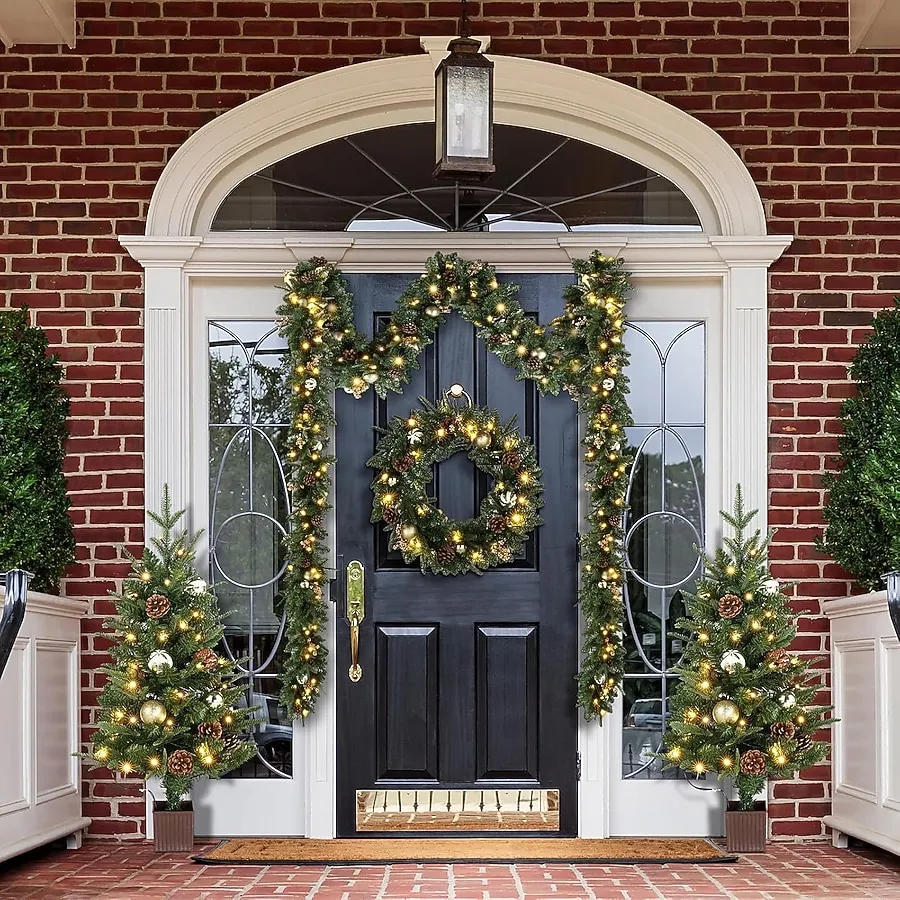 Outdoor Garland LED Garlands Lights VINGLI Pre Lit Piece Set Christmas Tree With LED Lights Christmas Garlands Wreath And Set Of Entrance Trees Artificial Christmas Porch Decorations Gold In The ...