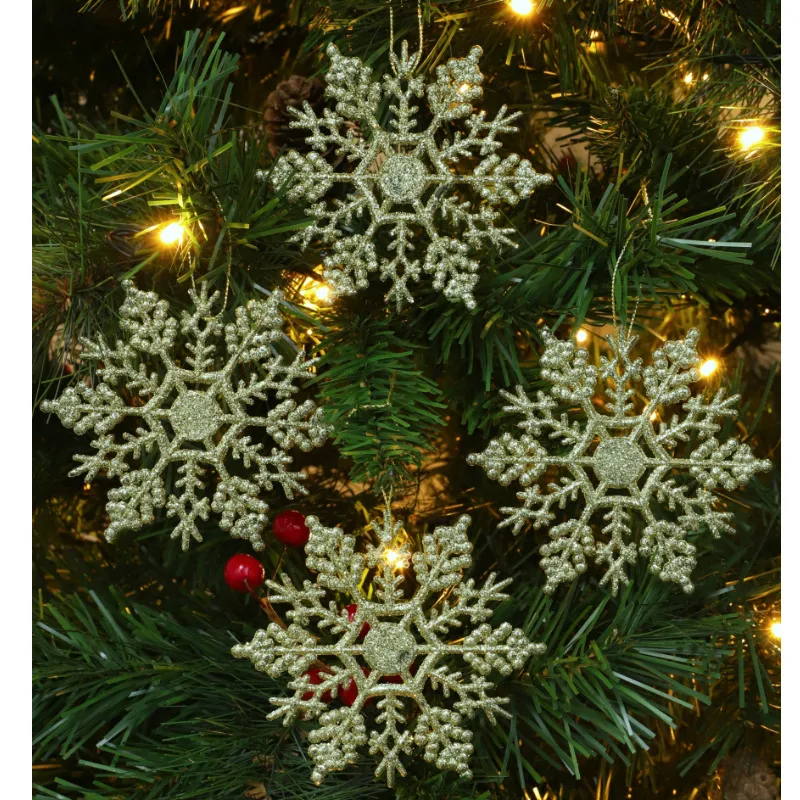Pack of 12-10cm Glitter Snowflake Hanging Decorations - Christmas Decorations (Gold)