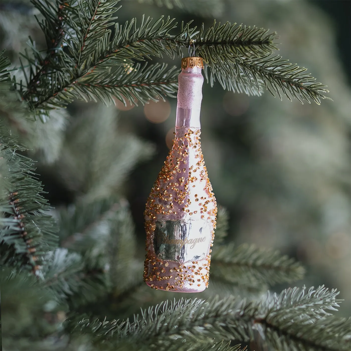 Pastel pink glass champagne bottle Christmas ornament