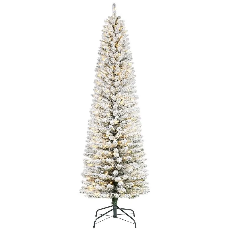 Pencil Christmas Tree, Pre-Lit Frosted Artificial Tree, w/LED Light and  Metal Base, White