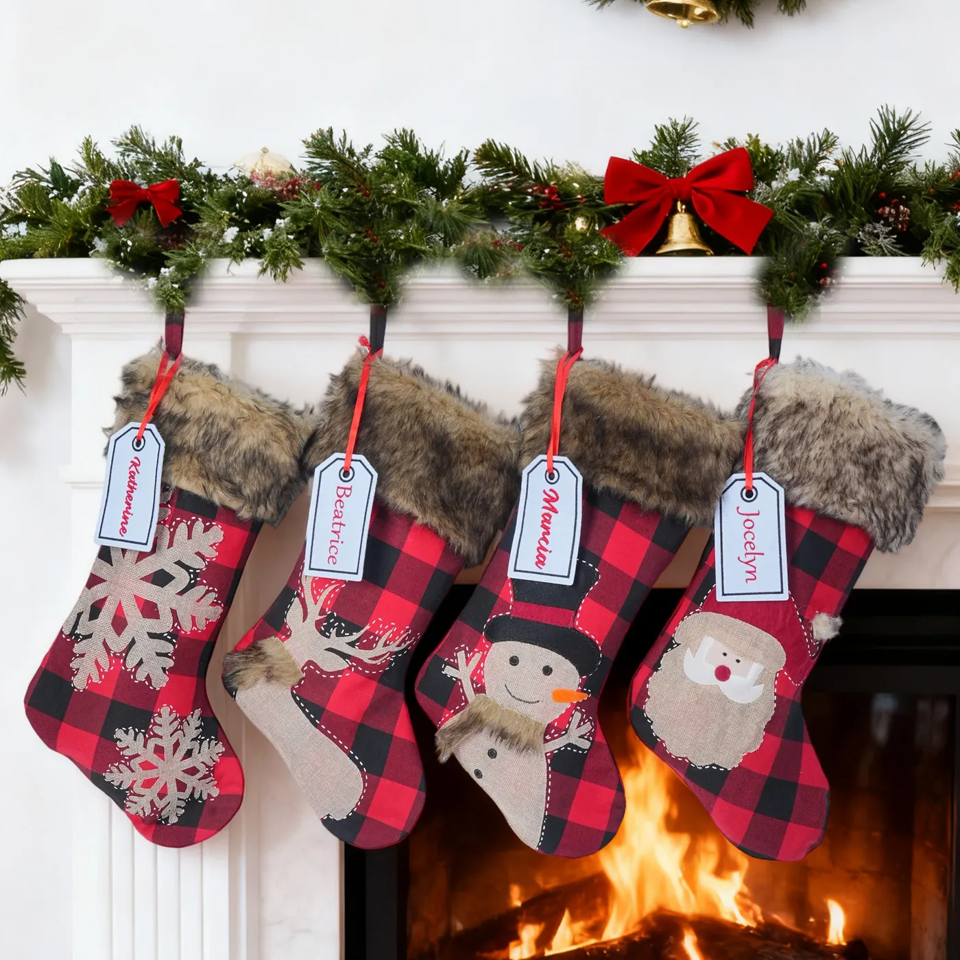 Personalized Embroidered Faux Fur Buffalo Plaid Christmas Stocking with  Name Tag, Festive Fireplace Holiday Tree Decor, Christmas Gift for  Family/Kids