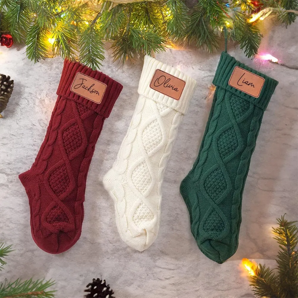 Personalized Rustic Leather Patch Knitted Christmas Stocking with Name  Fireplace Holiday Party Decor Festival Gift for Family Kids |Callie