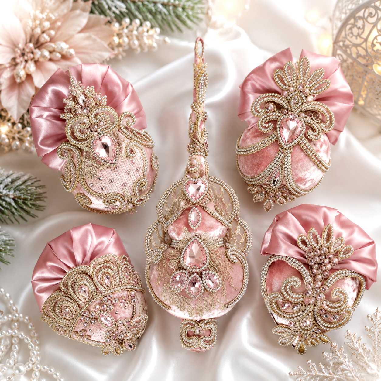 Pink Velvet Christmas Ornament Set